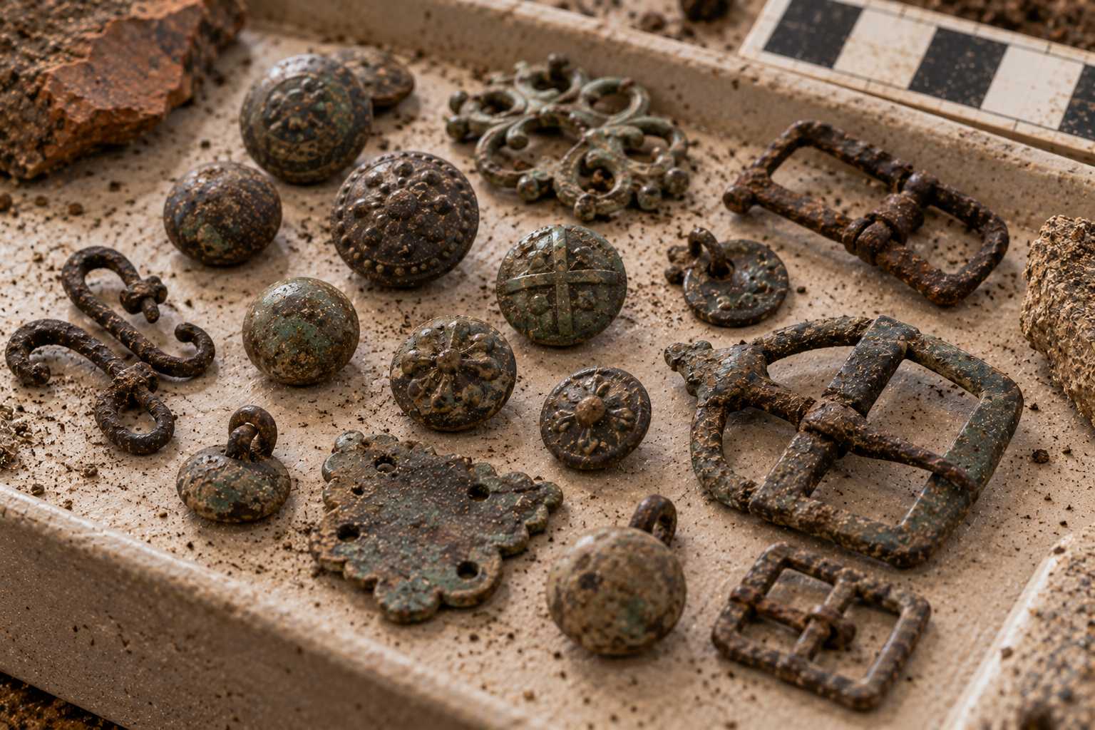 A tray of various oxidized metal artifacts, including decorative buttons, buckles, and ornamental pieces, arranged on a textured surface with a scale bar.