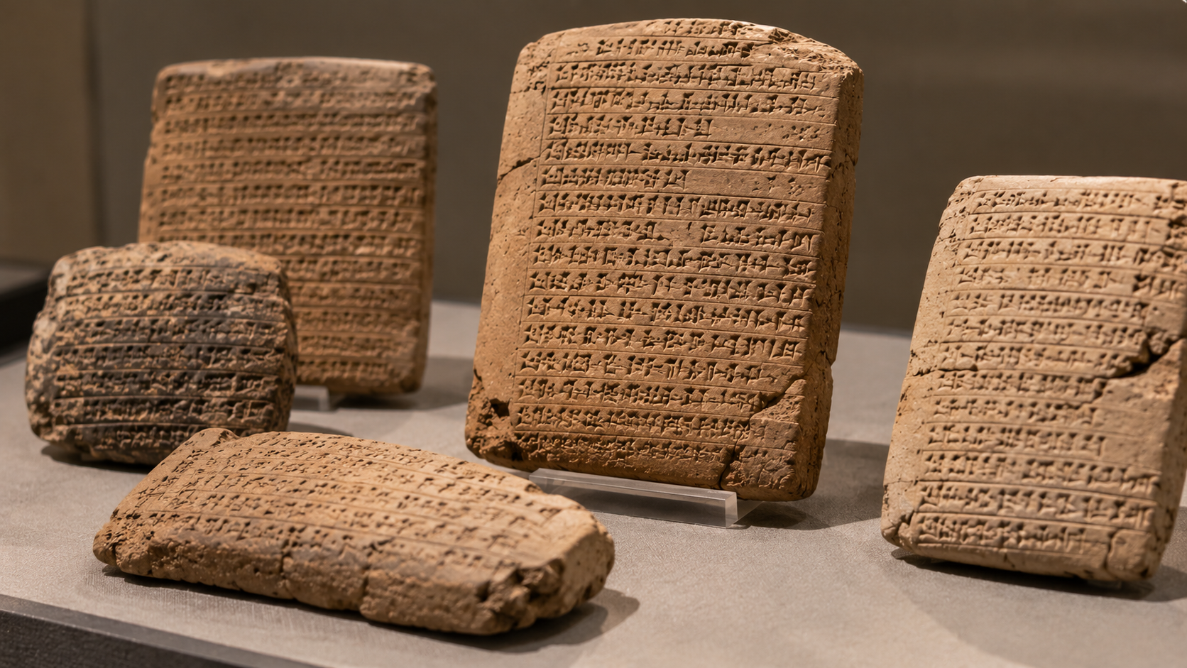 Five ancient clay tablets inscribed with cuneiform script displayed on a shelf.