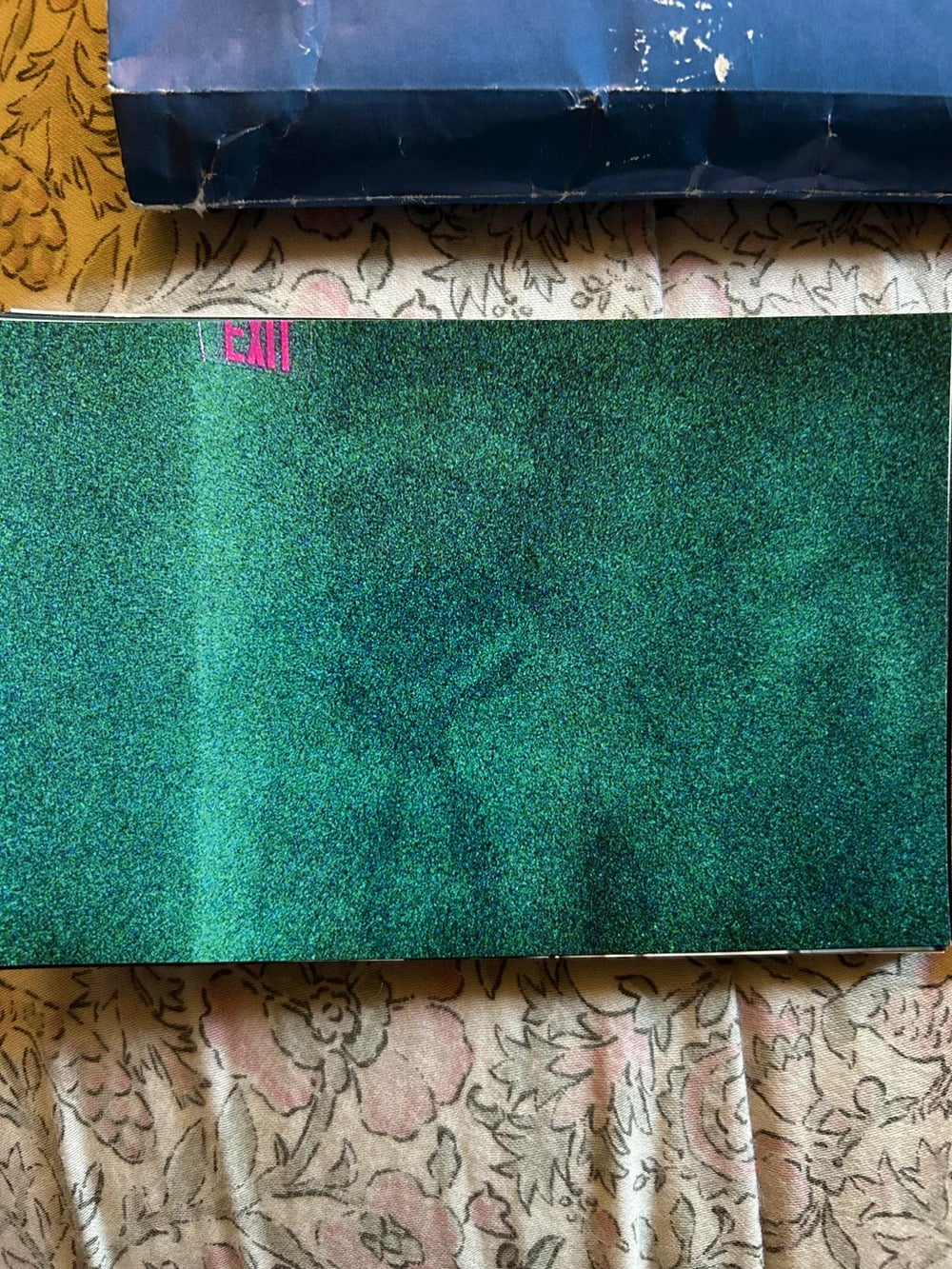 A rectangular card with a dark green, sparkly surface and the word “EXIT” printed in small, bright pink letters in the top left corner.