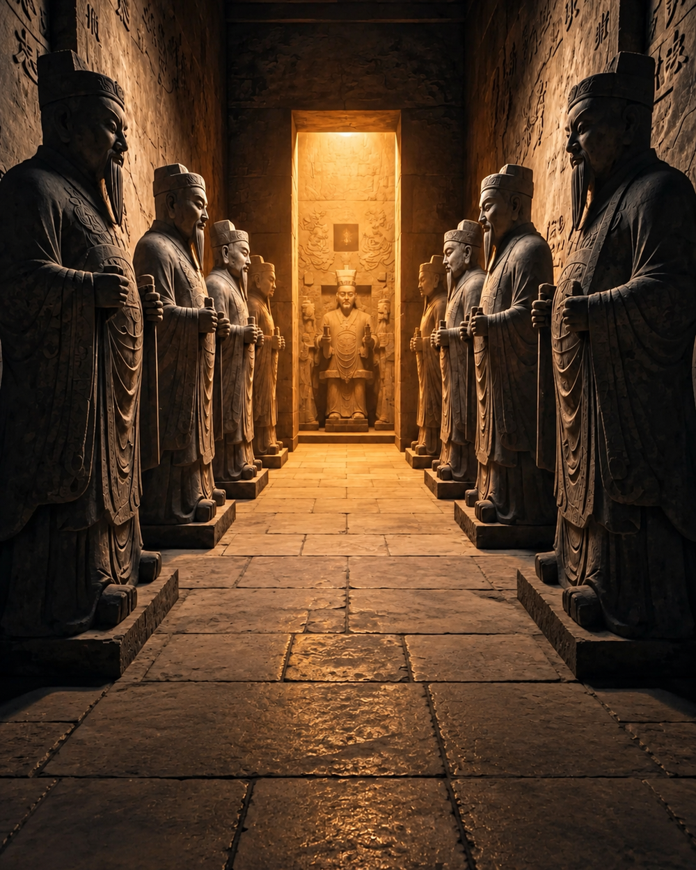 A symmetrical stone corridor lined with statues of historical figures leading toward a seated figure in a brightly lit alcove at the end.