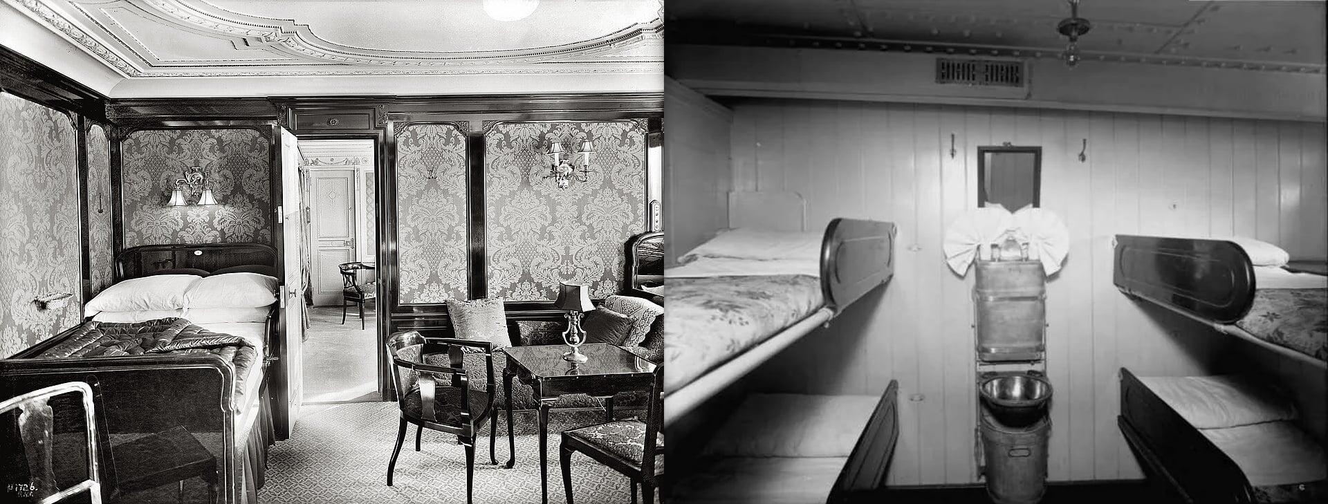 A split-screen comparison of a luxurious first-class stateroom with patterned wallpaper and a small third-class cabin with four bunk beds and a wall-mounted washbasin.
