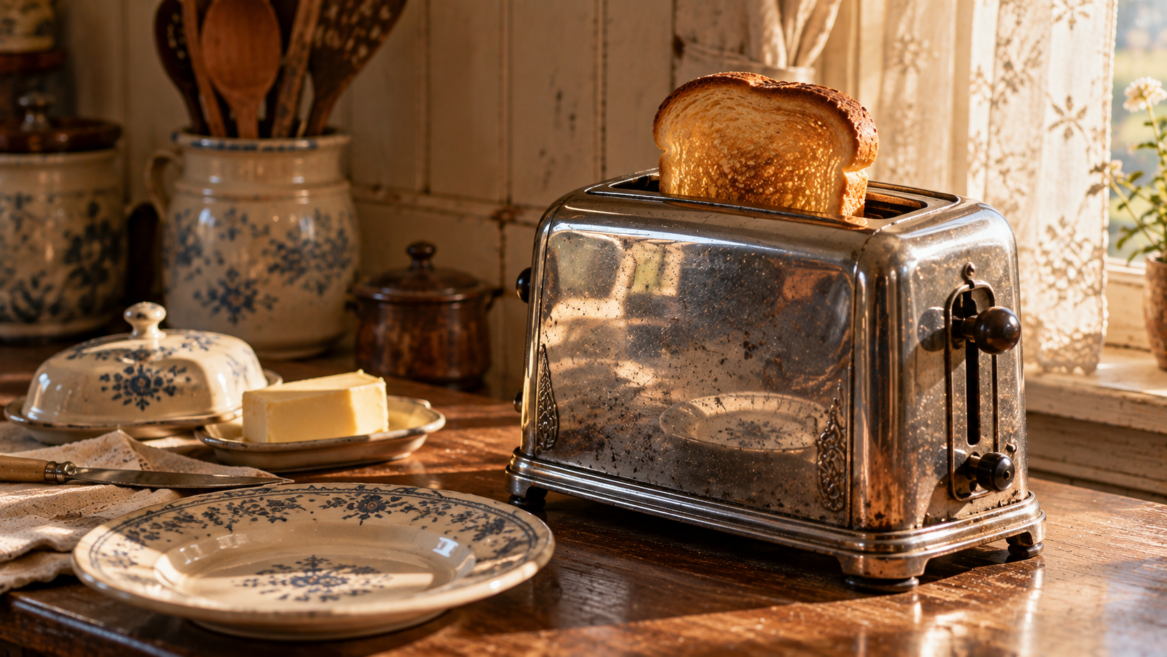 A slice of toasted bread in a vintage metal toaster on a kitchen counter next to a plate and a dish of butter.