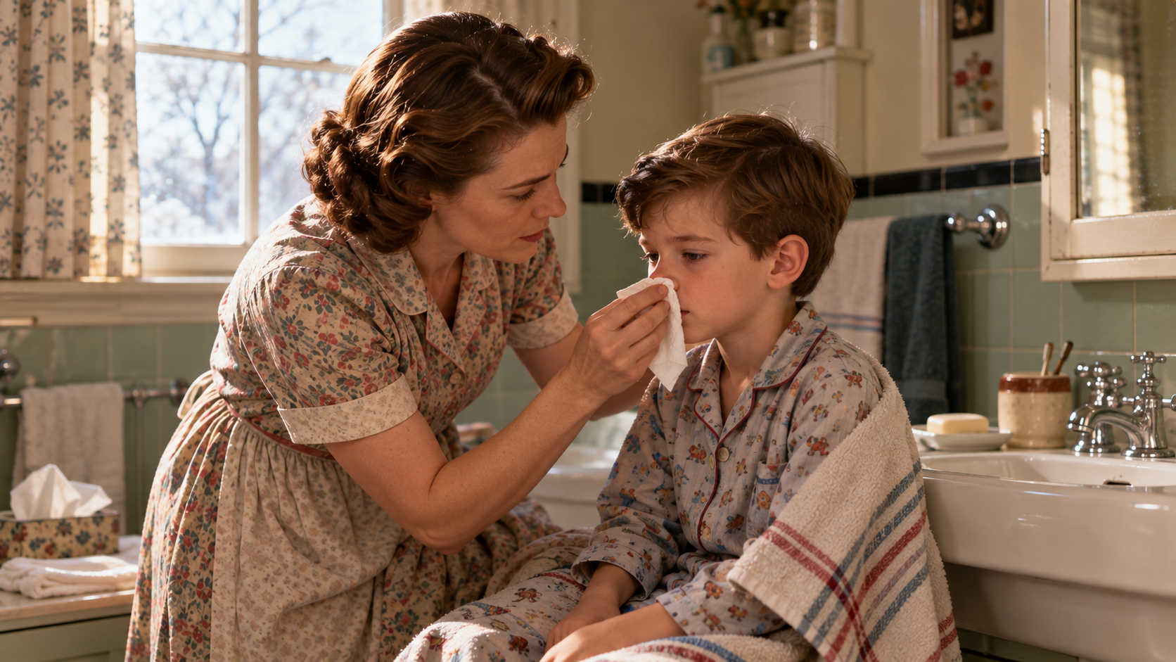 A woman in a vintage floral dress dabs a cloth on a boy’s face in a retro bathroom. The boy wears pajamas and a towel. The scene evokes a mid-20th century period drama.