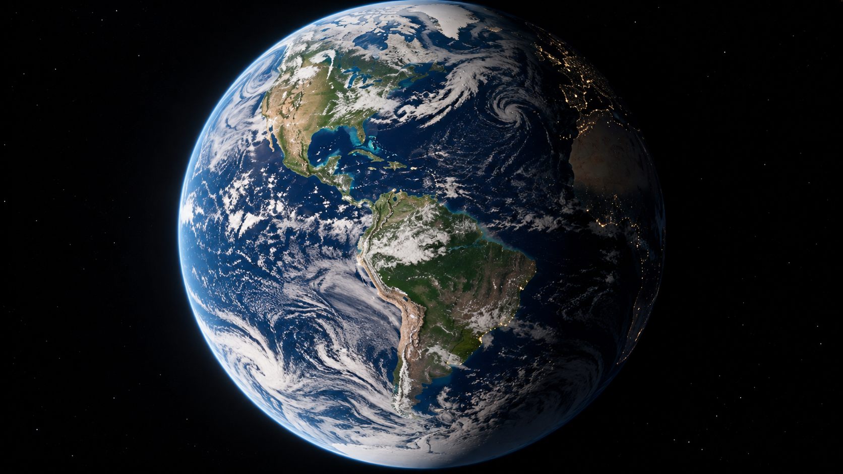 The Earth viewed from space, showing the continents of North and South America with partial cloud cover and city lights visible on the night side.
