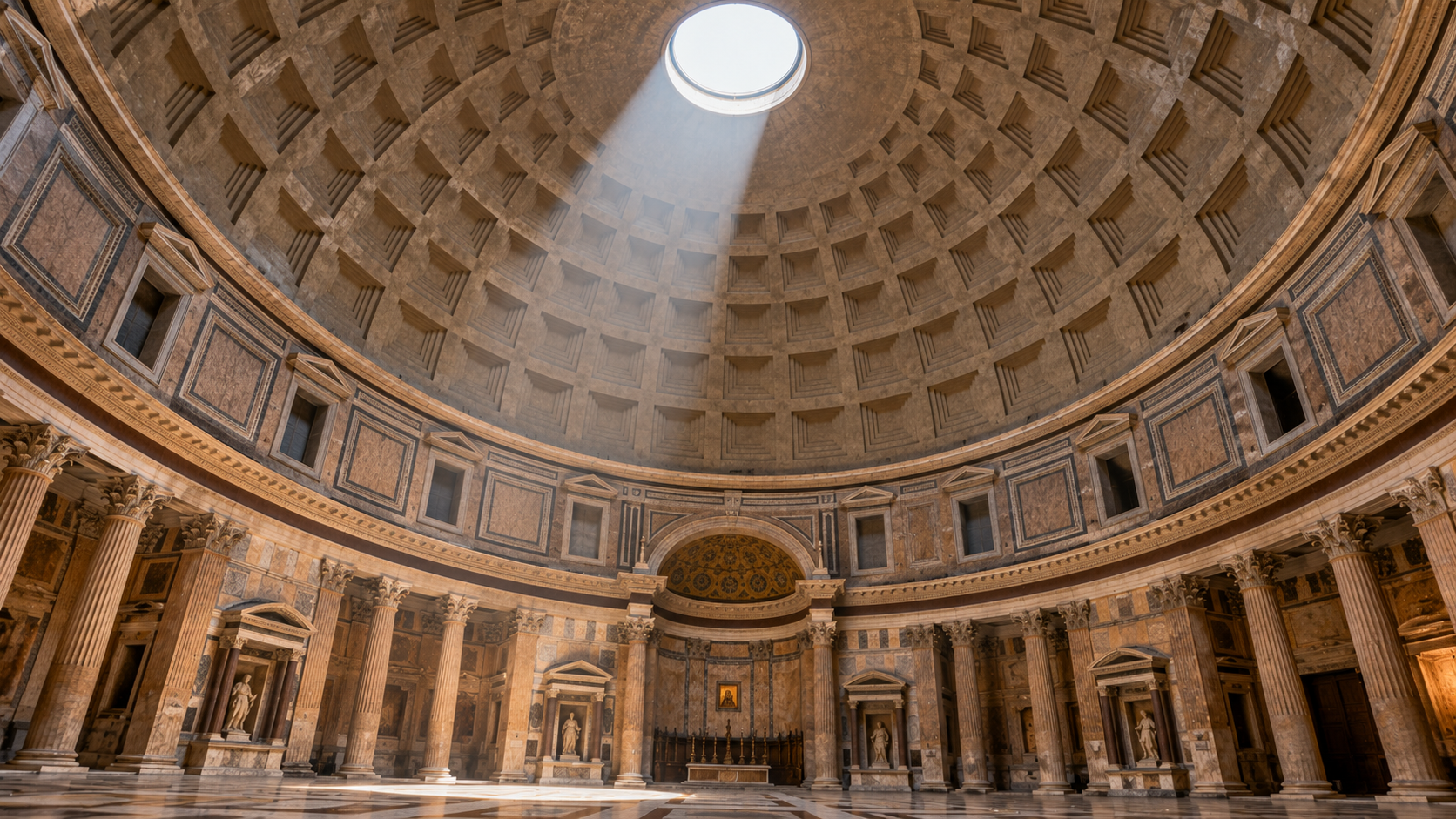 The coffered dome and oculus of the Pantheon in Rome, with a beam of sunlight shining through the center opening.