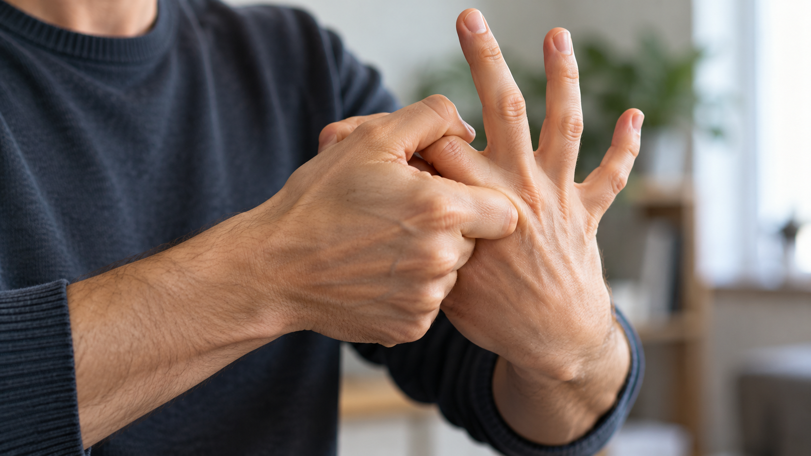 A person using one hand to massage the knuckles of their other hand.