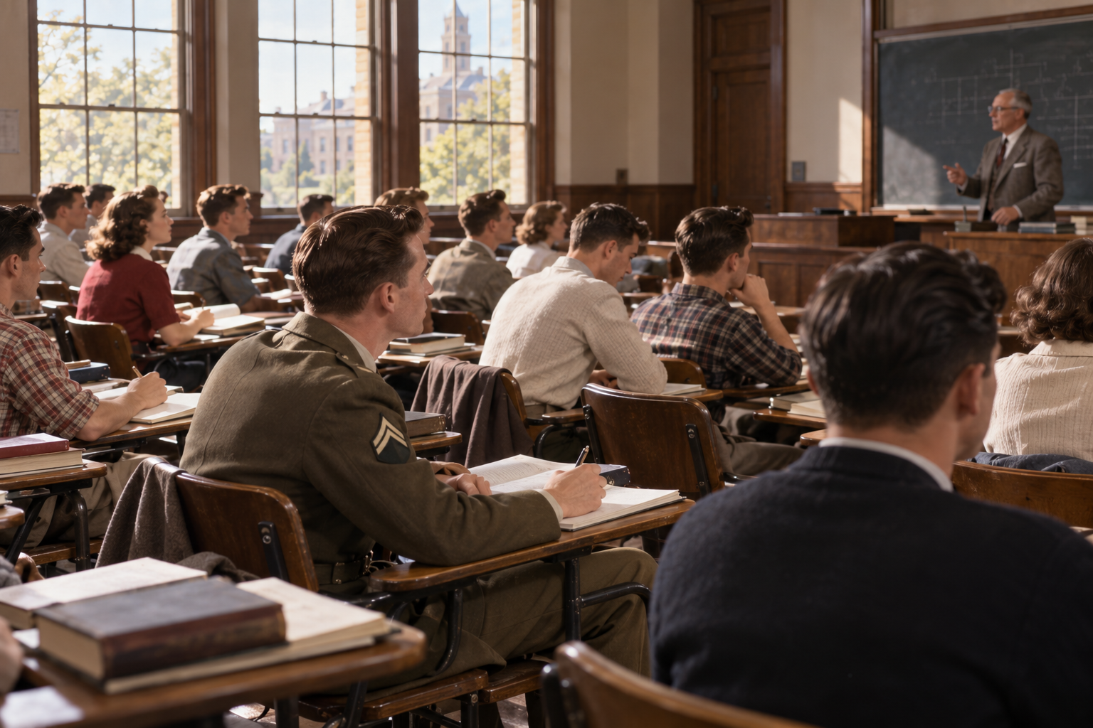 A professor lectures to a classroom of students, including a soldier in uniform, seated at wooden desks.