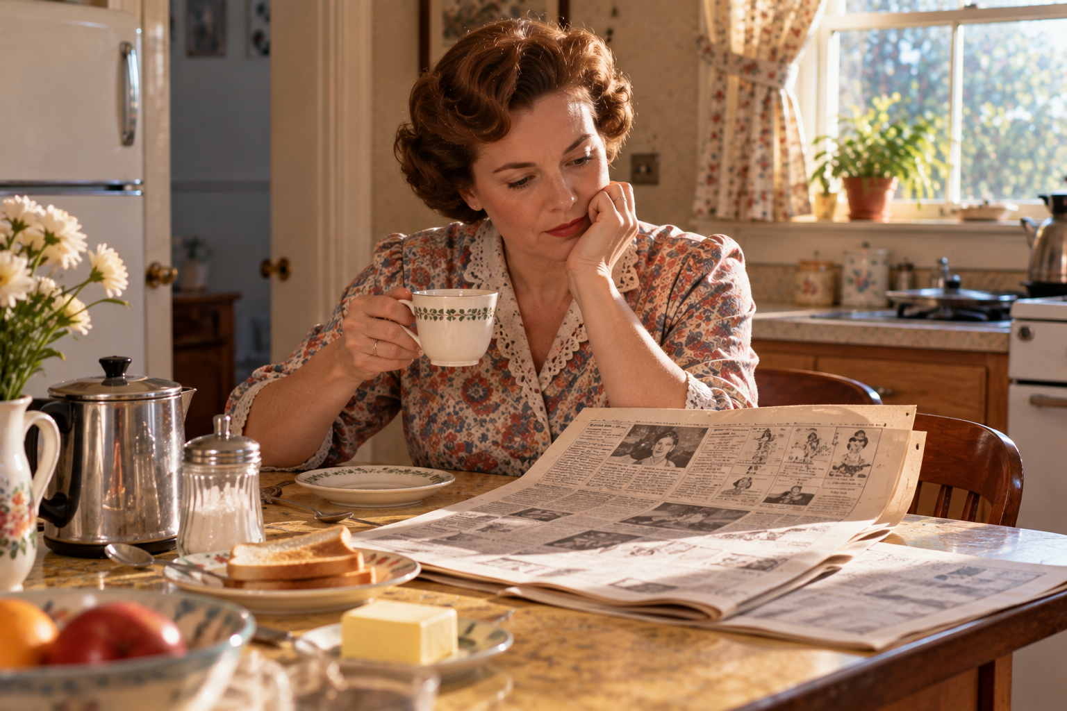 A woman in a floral dress sits at a kitchen table, holding a teacup and reading a newspaper.