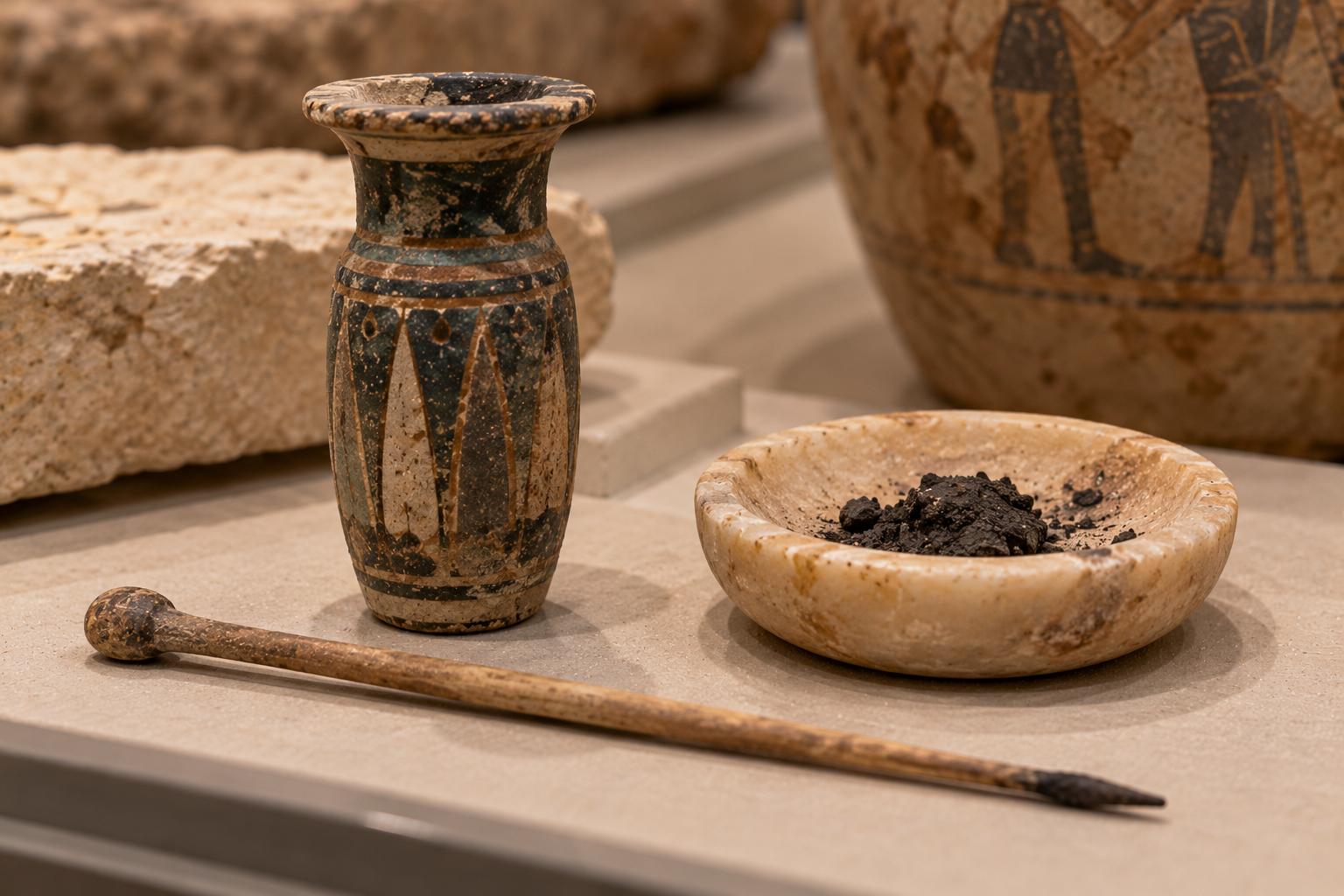 Ancient Egyptian cosmetic vessel, a shallow stone dish containing black pigment, and a slender applicator stick.