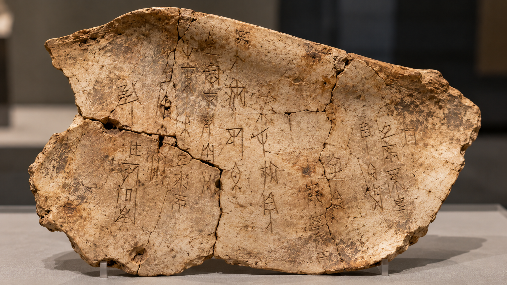A fragment of a turtle plastron inscribed with ancient Chinese oracle bone script.