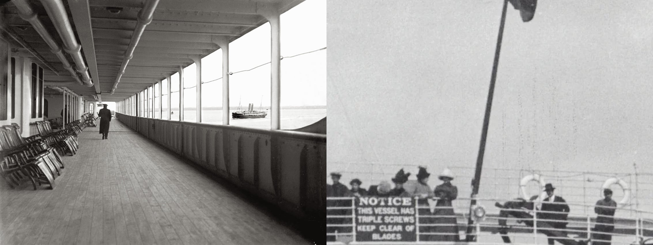 Black-and-white split image showing an empty passenger ship deck on the left and a group of people on a deck next to a warning sign about triple screws and blades on the right.
