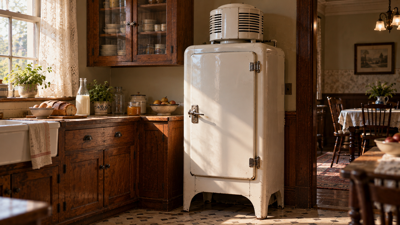 A vintage white refrigerator stands in a rustic kitchen with wood cabinets and a view into a dining area.