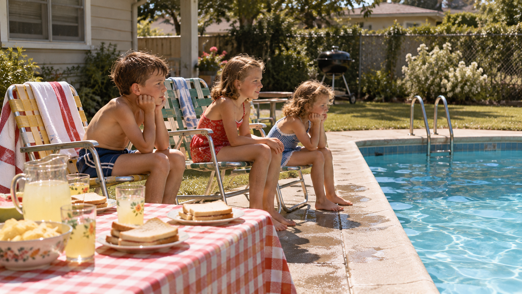 Three children sit in lawn chairs by a backyard pool next to a picnic table with sandwiches and drinks.