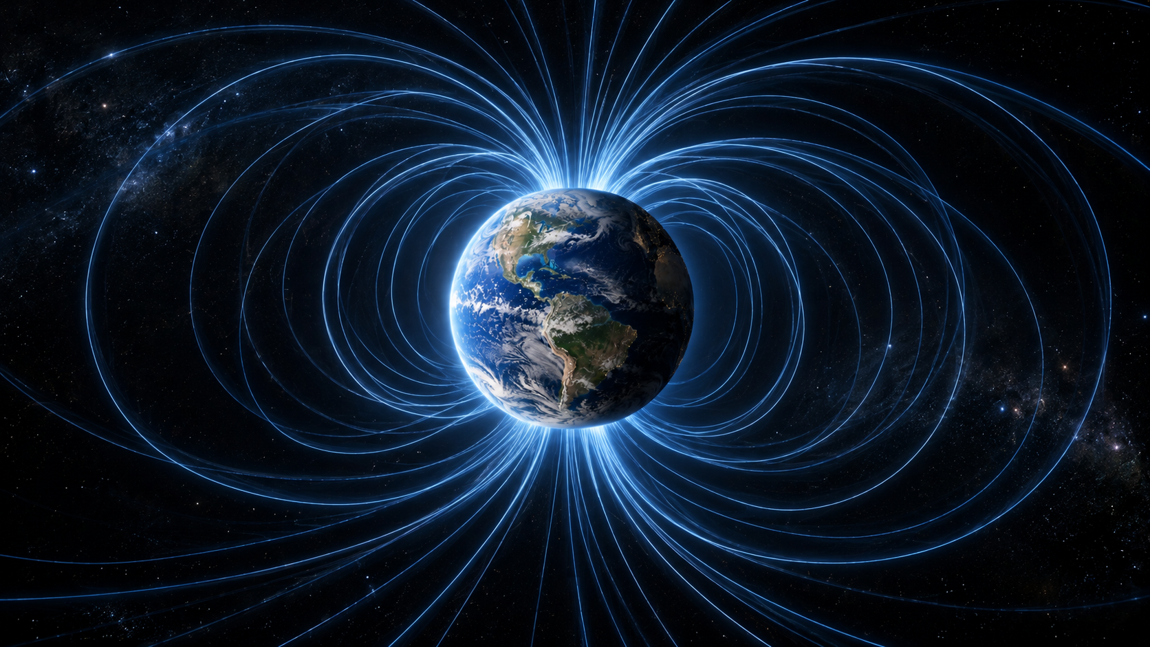 Earth viewed from space surrounded by glowing blue magnetic field lines.