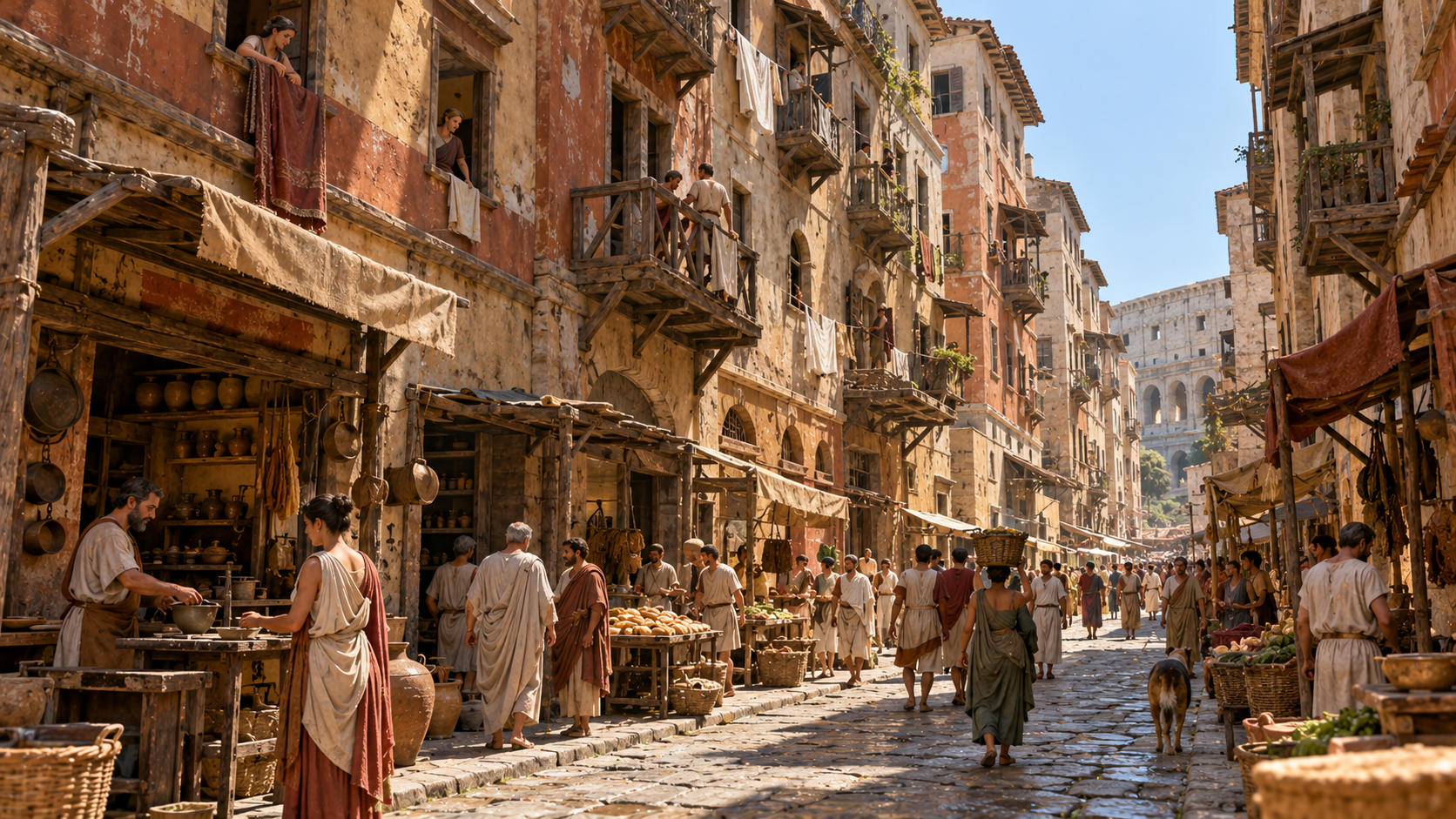 A bustling ancient Roman street lined with weathered stone buildings, market stalls, and people in tunics, with the Colosseum visible in the distance.