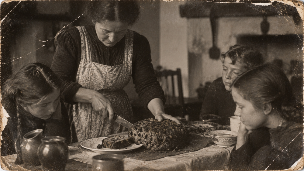 A vintage photograph of a woman cutting a loaf of bread at a table with three children watching.