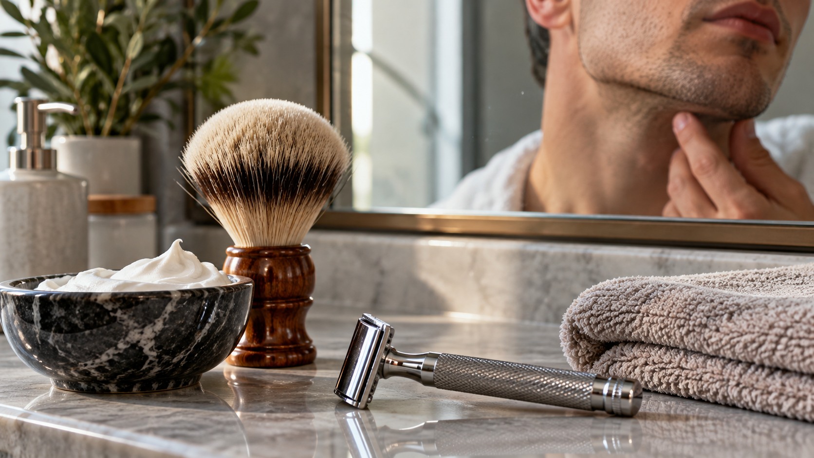 A shaving brush, a bowl of shaving cream, and a safety razor on a marble countertop in front of a mirror reflecting a man touching his chin.
