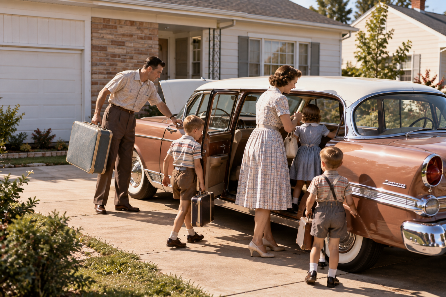 A 1950s family of four packing luggage into a vintage brown car parked in a suburban driveway.