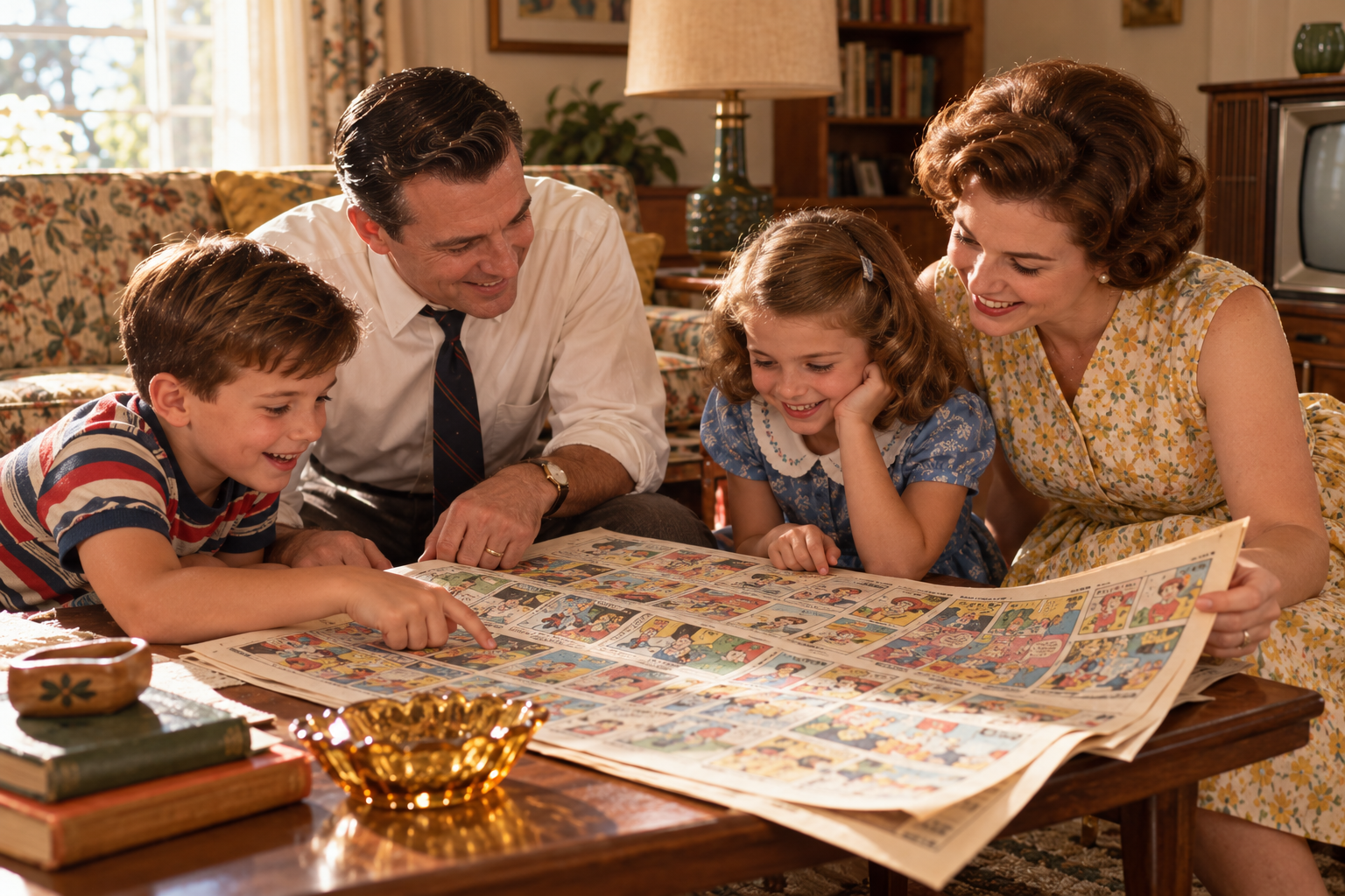 A family of four sits around a coffee table looking at a large newspaper comic strip.