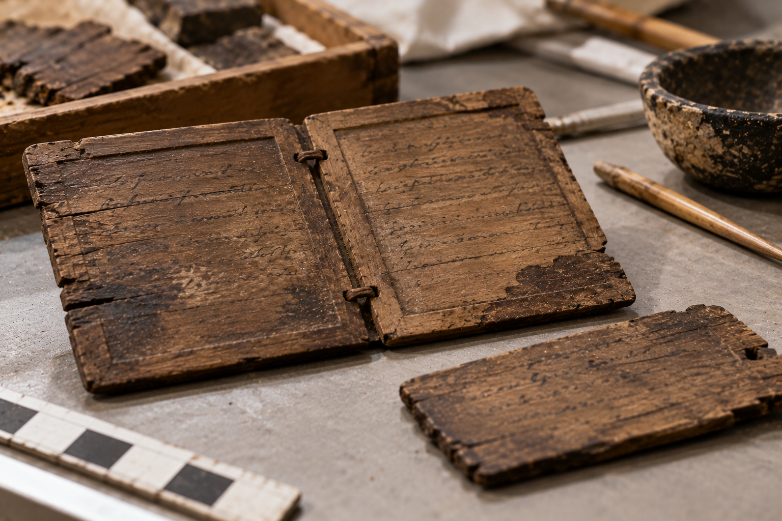 An open wooden diptych with handwritten text, resting on a table alongside a loose tablet, a small stone bowl, and a scale bar.
