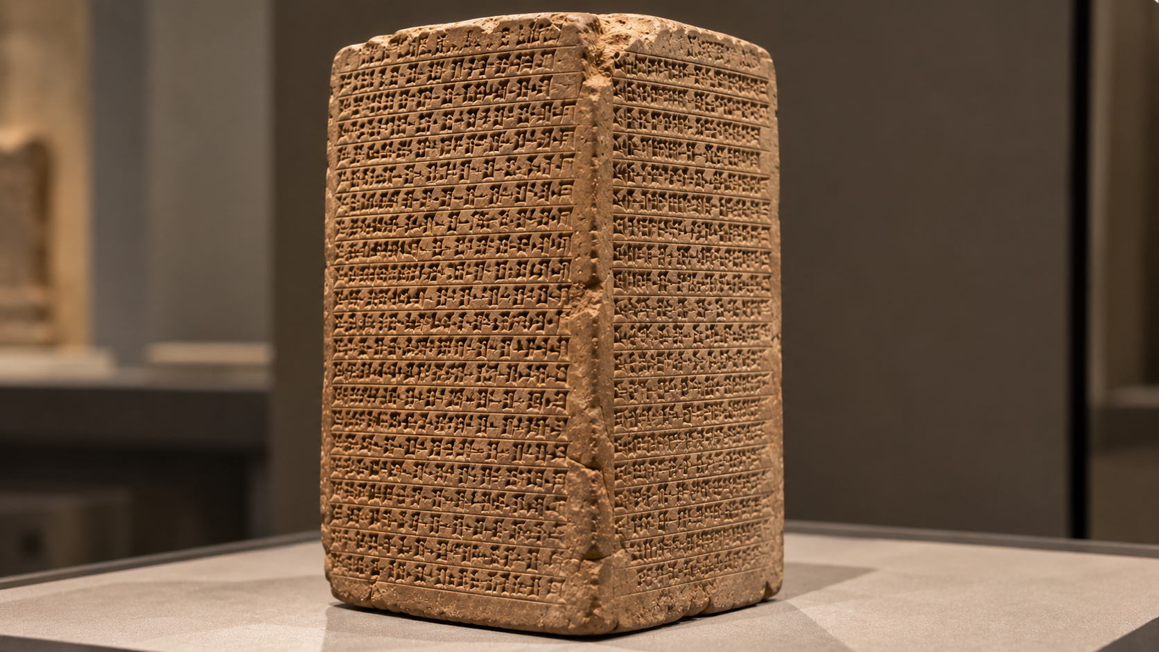 A rectangular clay prism inscribed with columns of cuneiform text.