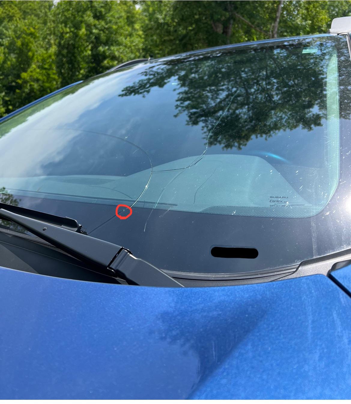 A blue car windshield with a large crack originating from a small stone chip marked by a red circle.