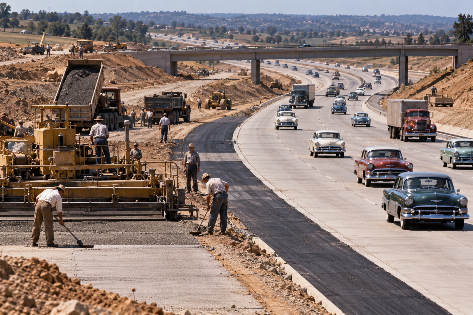 Construction workers pave a highway alongside vintage cars driving on an adjacent open lane, with a highway overpass in the background.