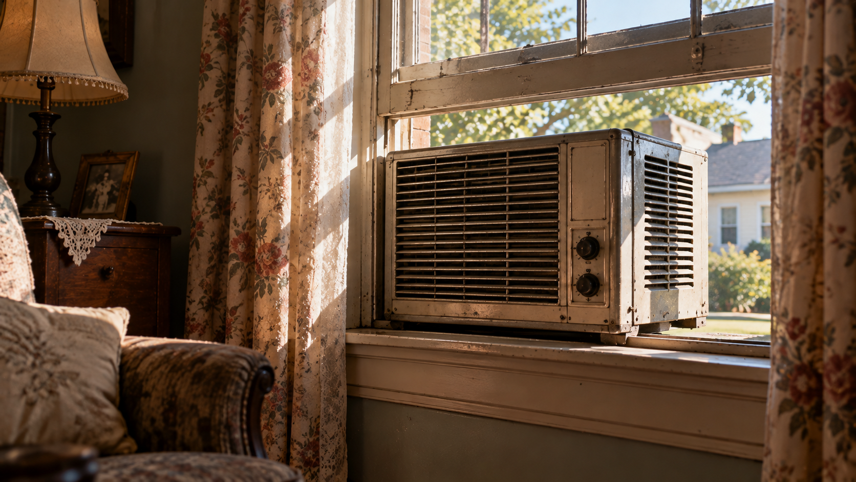 A window air conditioner installed in an open window frame, flanked by floral curtains.