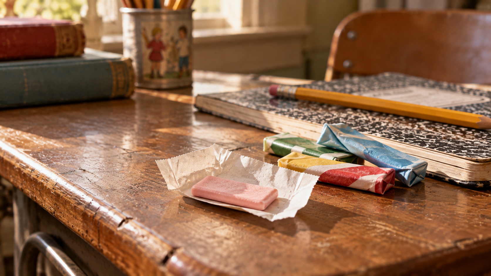 A piece of pink chewing gum on its wrapper sits on a wooden desk next to a composition notebook, a yellow pencil, and a few other wrapped sticks of gum.