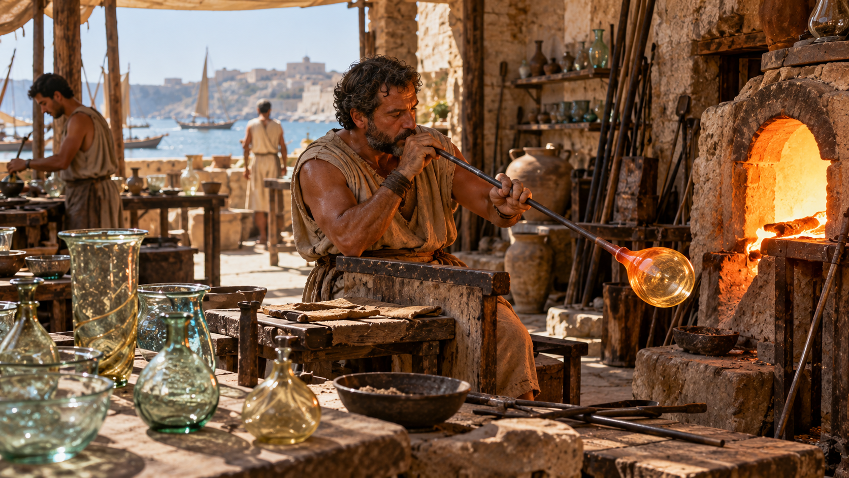 A glassblower in an ancient workshop blows air into a glowing orb of molten glass near a furnace, with a seaside harbor visible in the background.