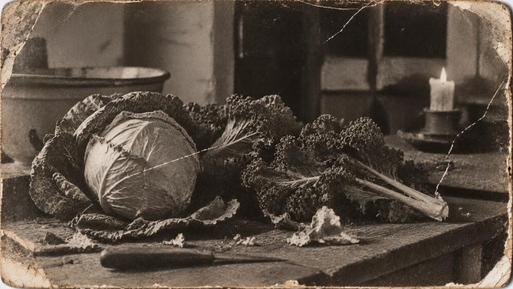 A head of cabbage and kale leaves on a wooden table with a small knife and a lit candle in the background, presented as a vintage, distressed photograph.