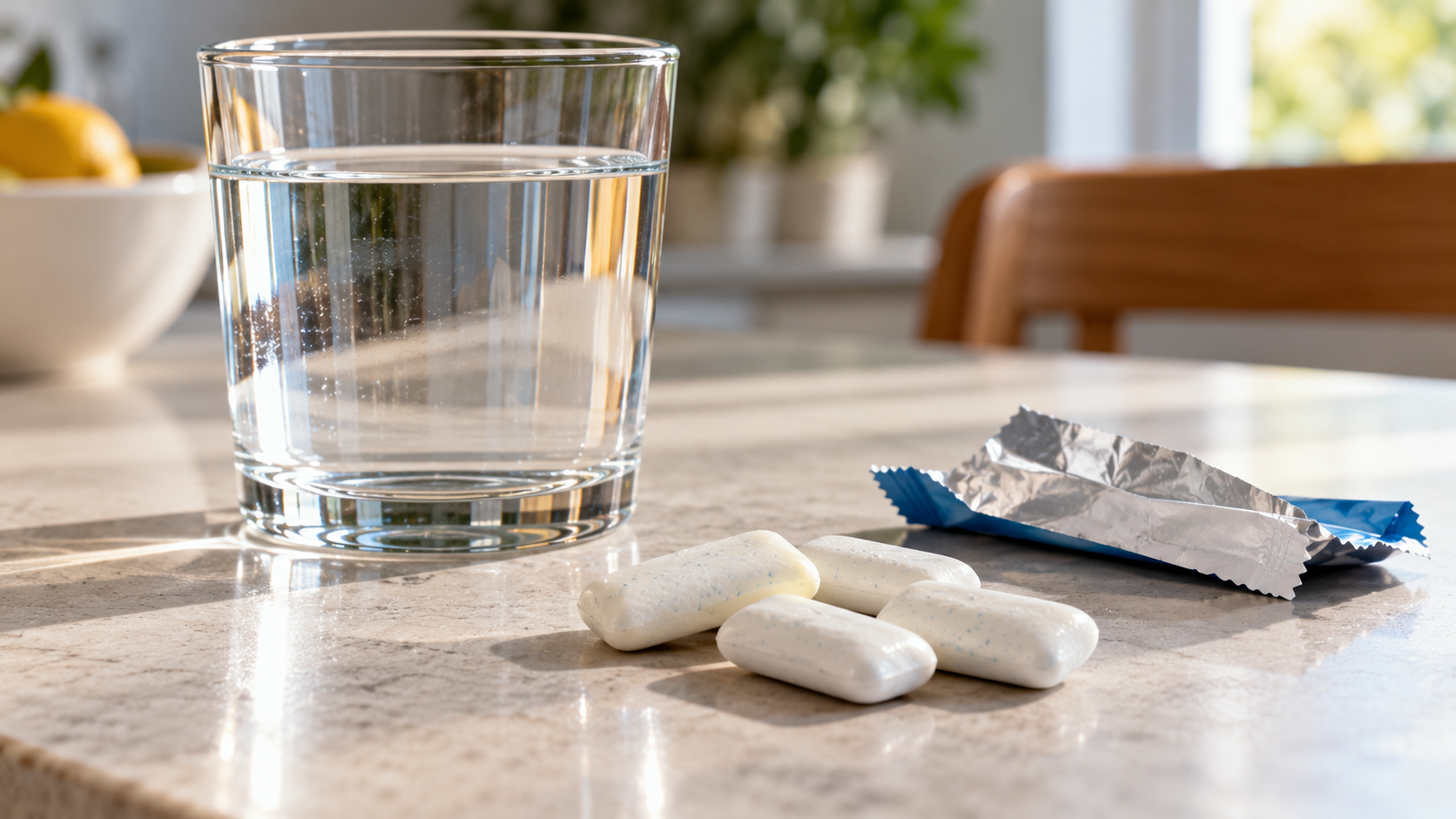 A glass of water, three pieces of chewing gum, and an empty foil wrapper on a kitchen counter.