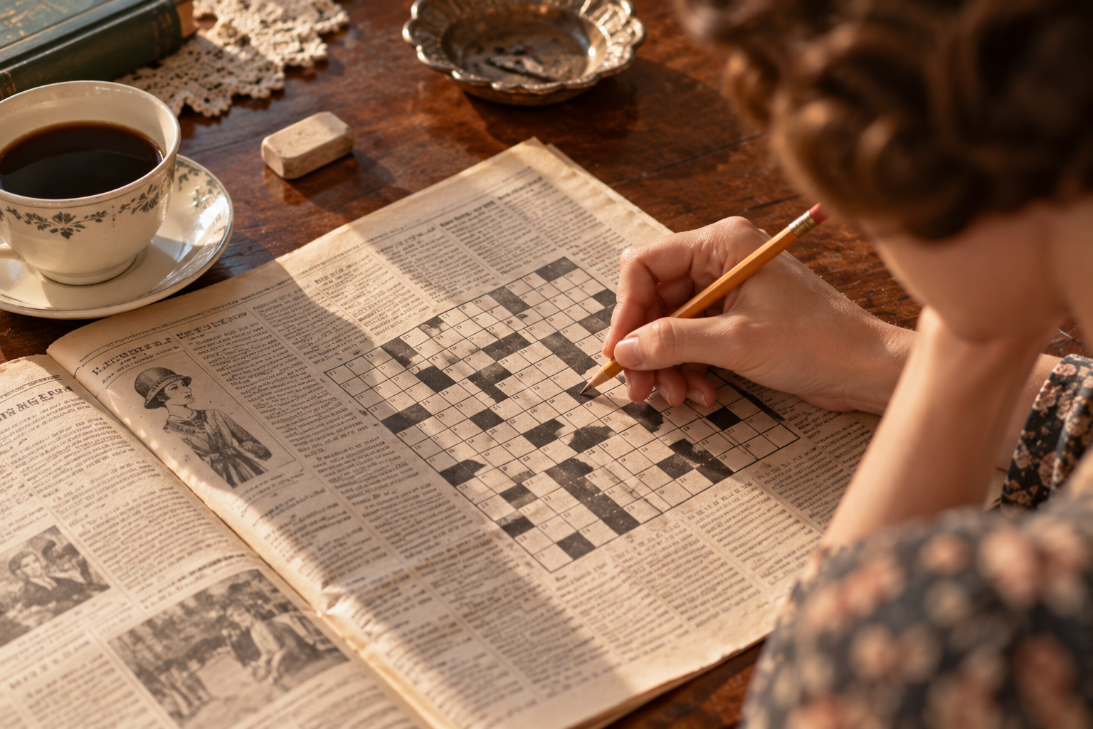 A person holding a pencil over a crossword puzzle in a vintage newspaper on a wooden table, with a cup of coffee nearby.