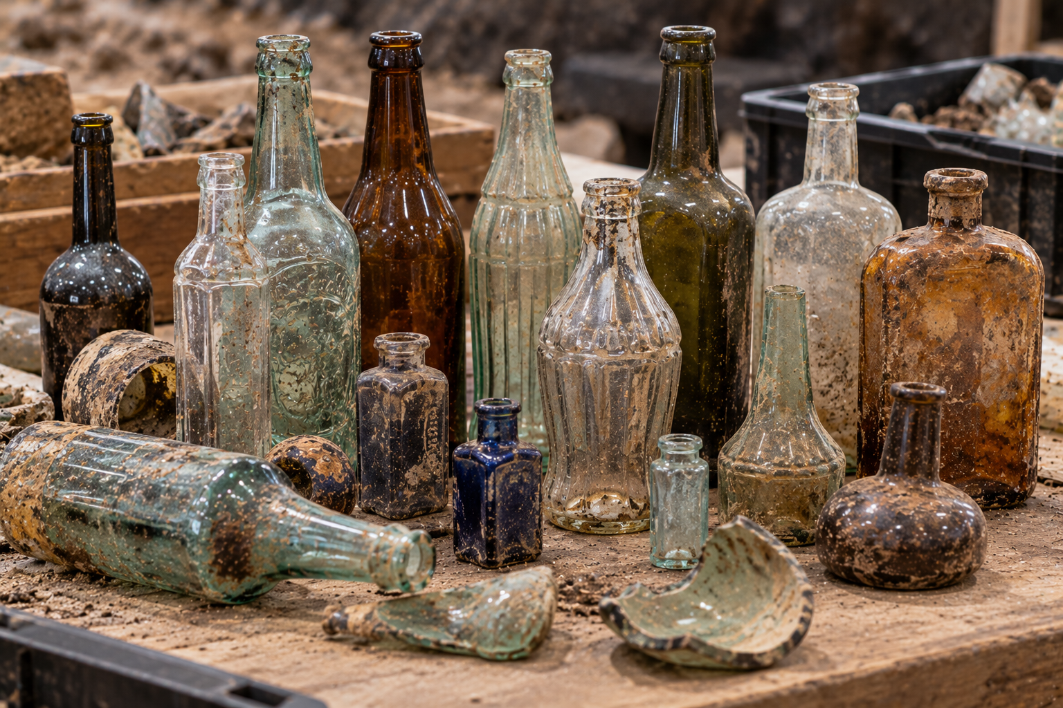 A collection of various antique glass bottles and shards covered in dirt, arranged on a wooden surface.