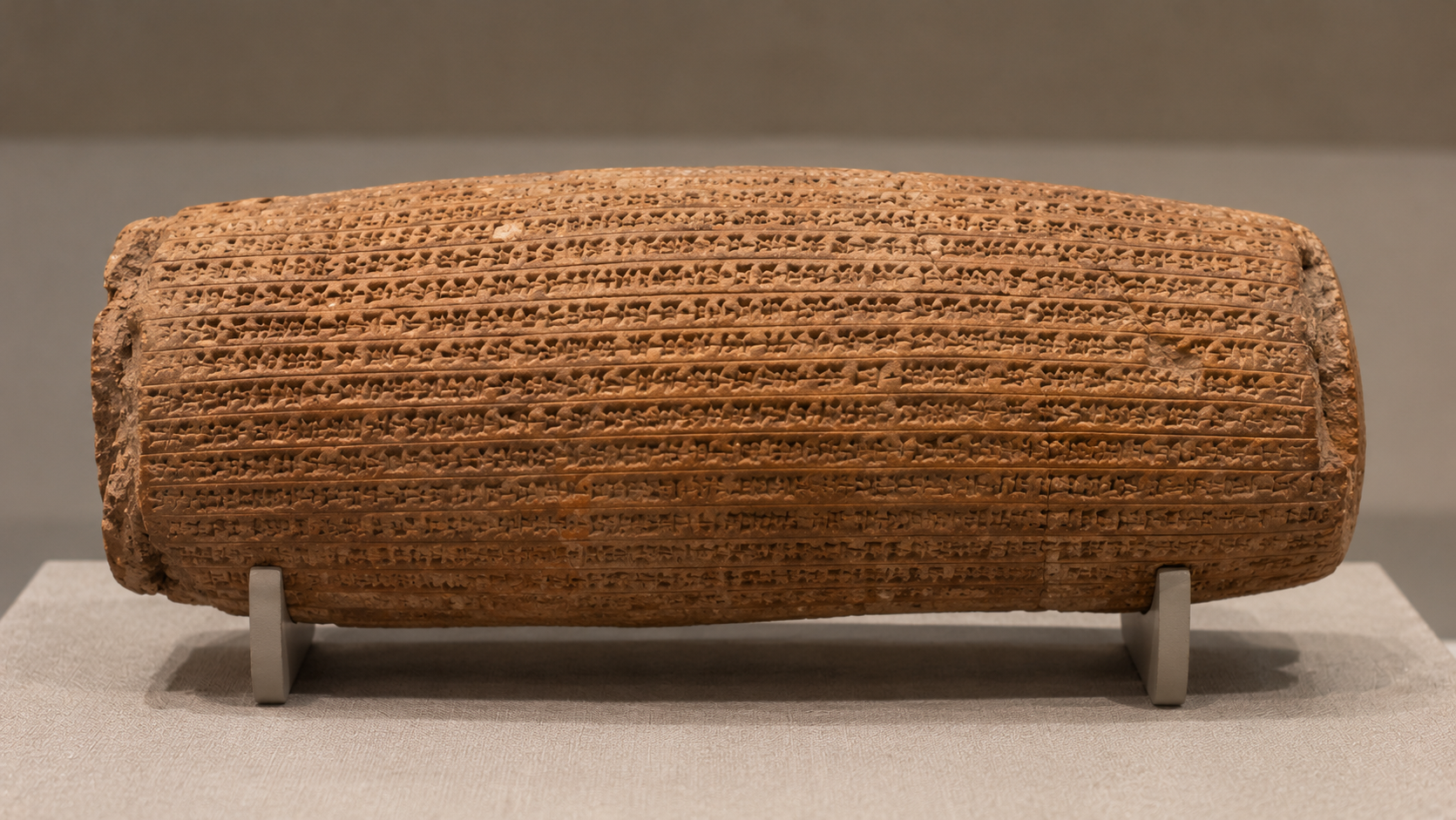A terracotta clay cylinder covered in rows of cuneiform inscriptions, displayed on a small stand.