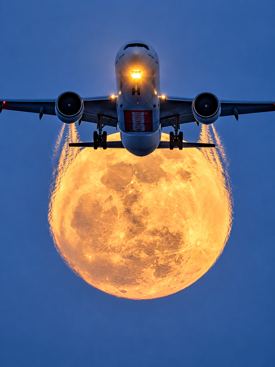 An airplane flying directly toward the viewer, positioned in front of a large, full moon in a blue sky.