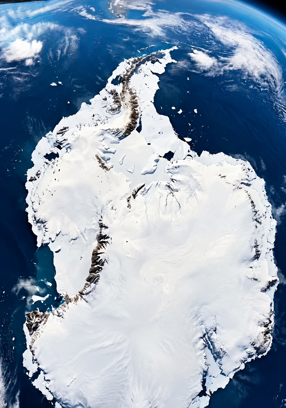 Satellite view of the Antarctic continent covered in white ice, surrounded by deep blue ocean and scattered clouds.