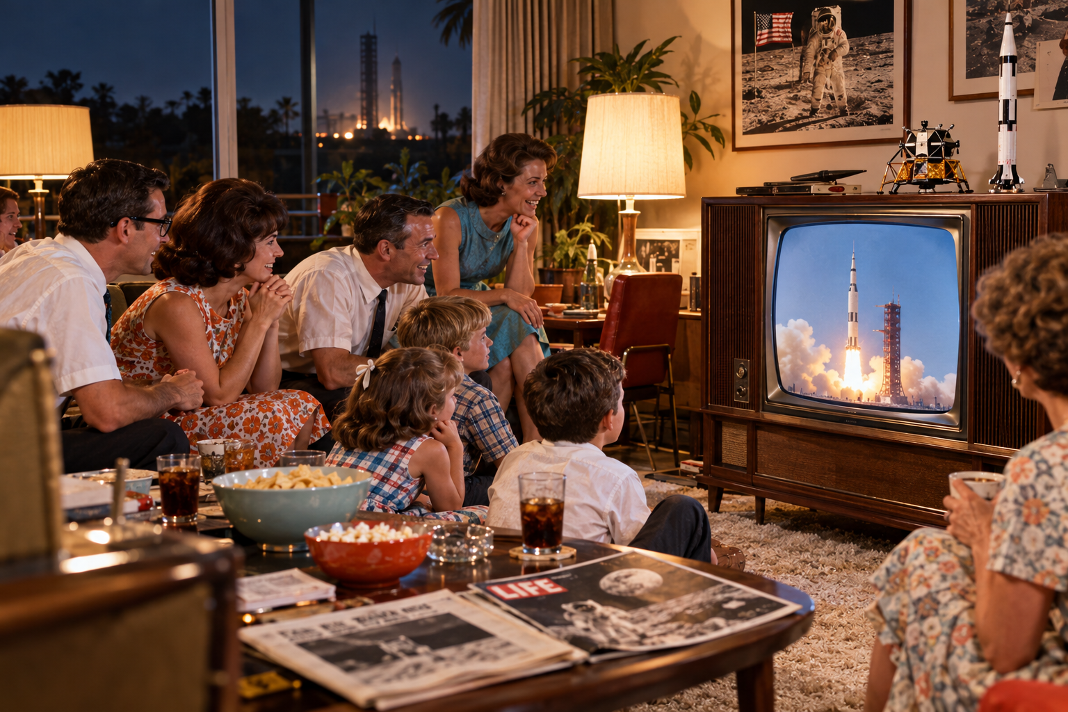 A multi-generational family watches a television broadcast of a rocket launch in a living room decorated with space-themed memorabilia.