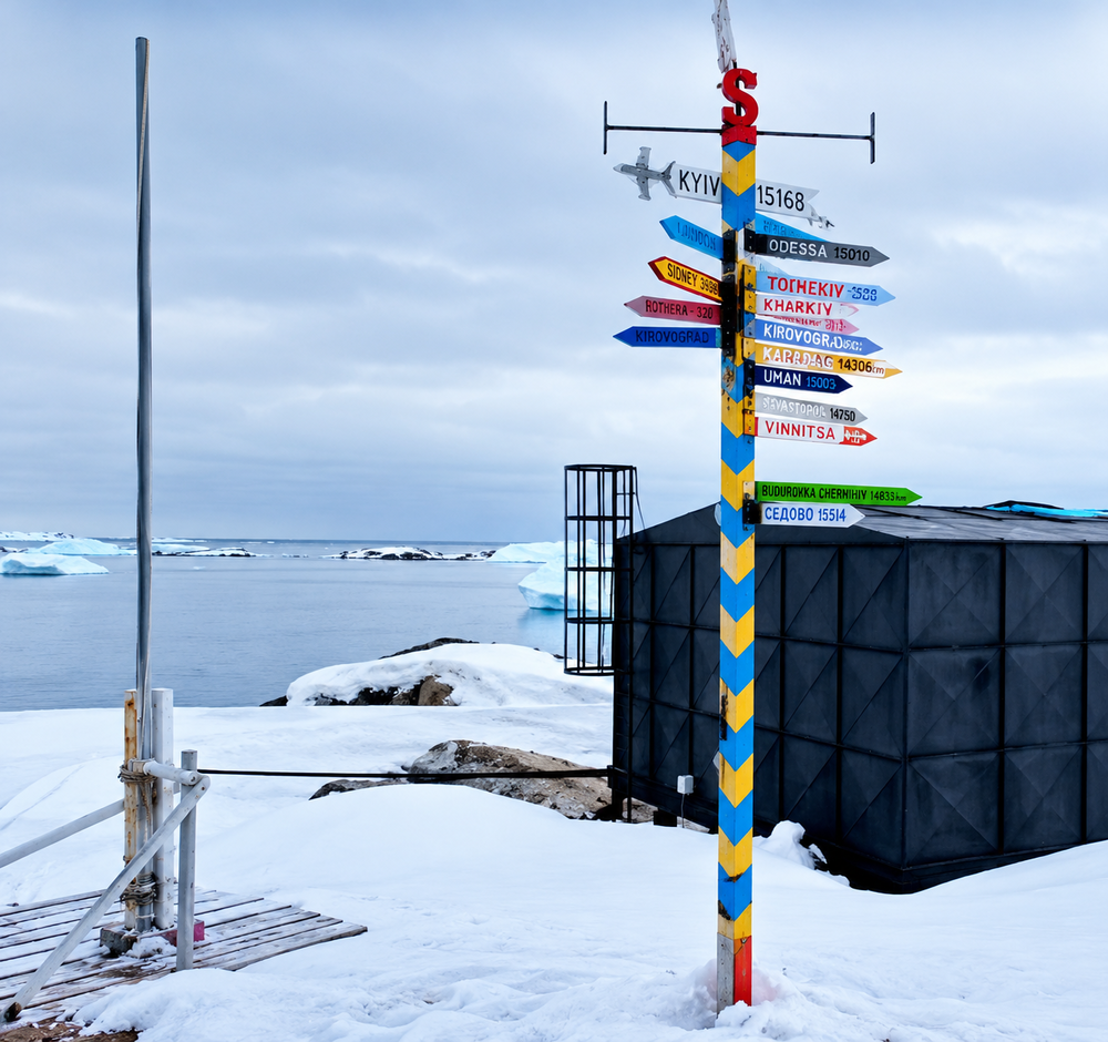 A directional signpost painted with blue and yellow chevrons stands in a snowy landscape, featuring multiple signs pointing to various cities with their respective distances in kilometers.