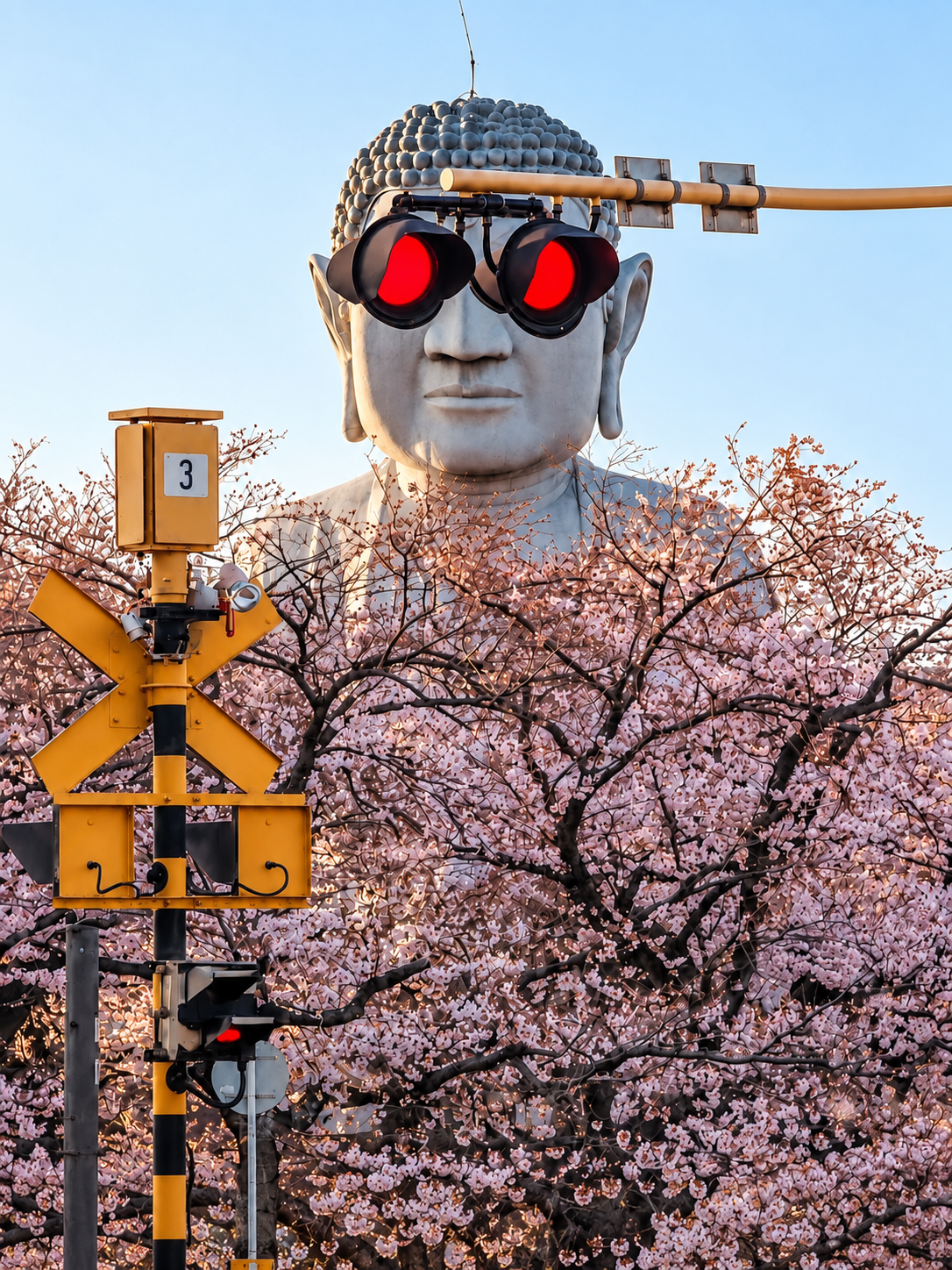A large stone Buddha statue positioned behind a cherry blossom tree and a railroad crossing signal, with the traffic light aligned to look like red goggles on the Buddha’s face.