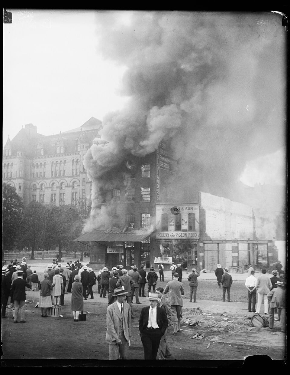A crowd of people watches as thick smoke billows from a multi-story building marked “Poultry and Pigeon Feed.”