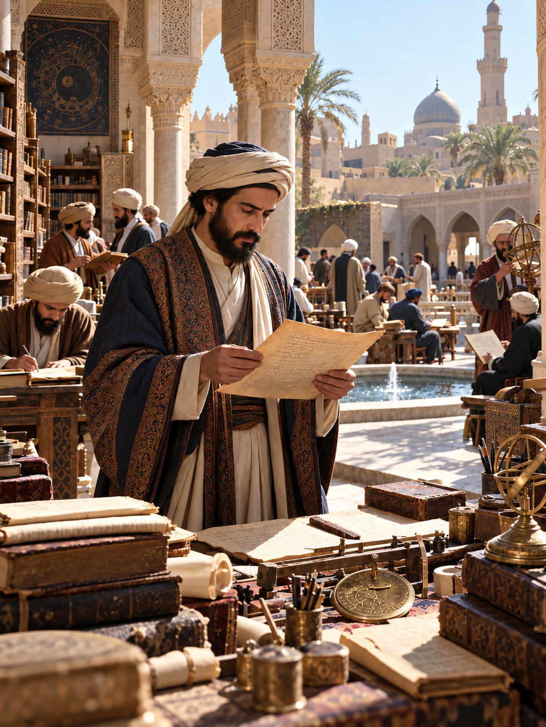 A man in a turban and traditional robes reads an ancient manuscript in a scholarly courtyard filled with books, scientific instruments, and other scholars.