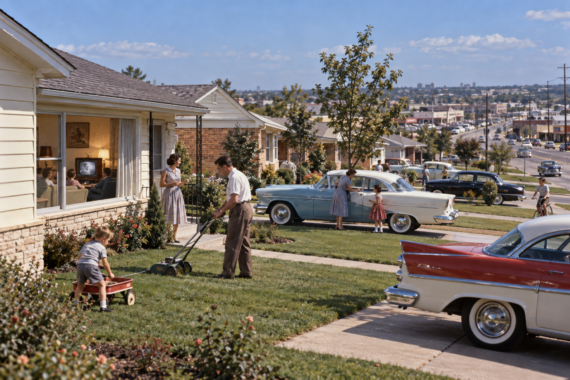 A man pushes a lawnmower in a suburban front yard while a boy plays with a red wagon nearby, as neighbors interact near vintage cars parked along the street.