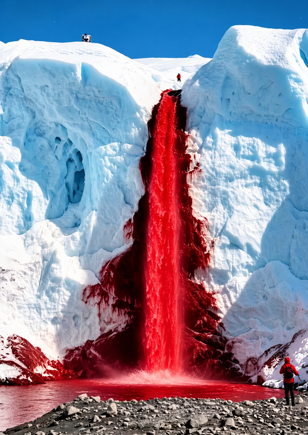 A bright red waterfall flows down a massive blue glacier, with a person in a red jacket standing at the base.