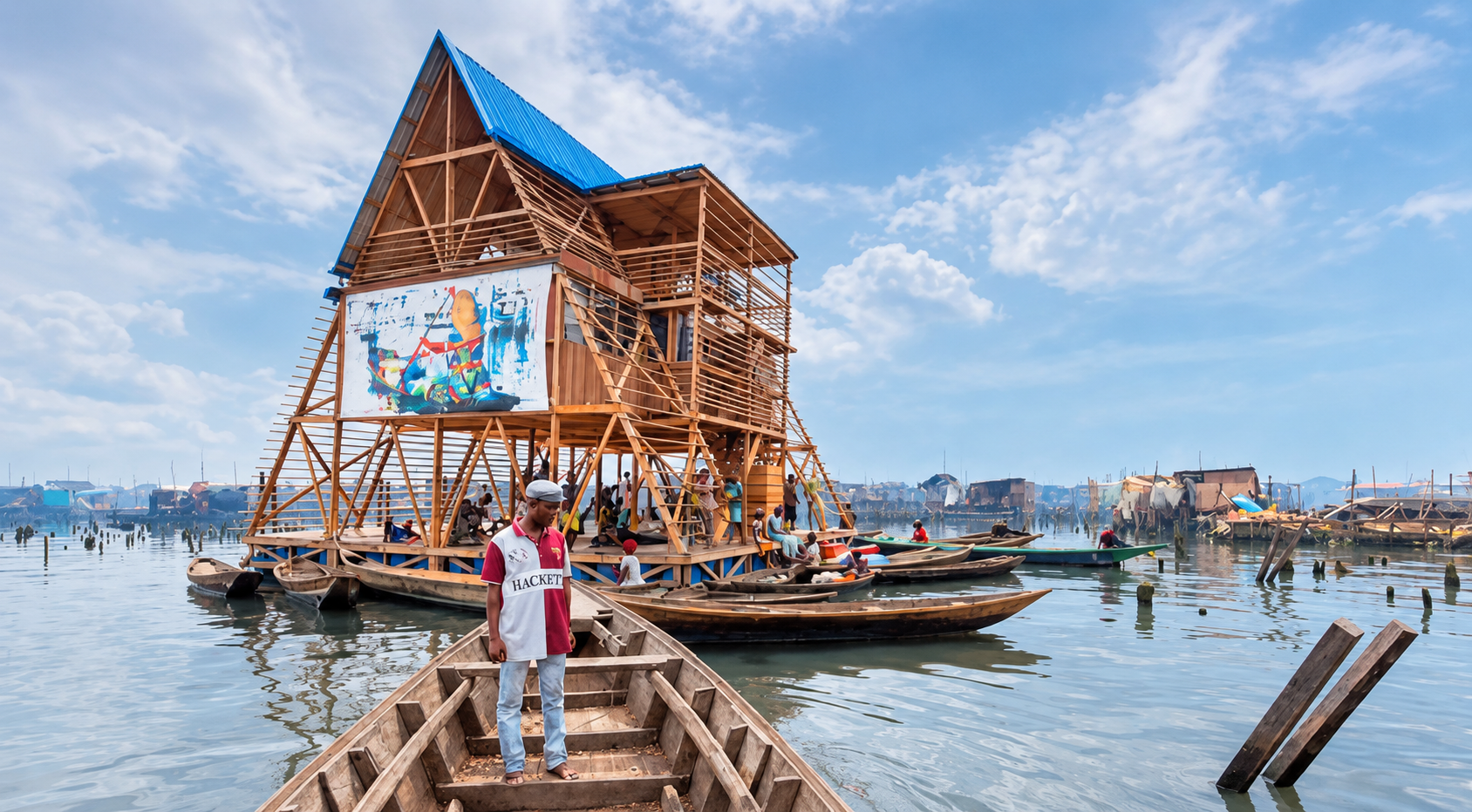 A man stands on a wooden boat facing a large, multi-story wooden stilt structure on the water, featuring a blue roof and a colorful mural.