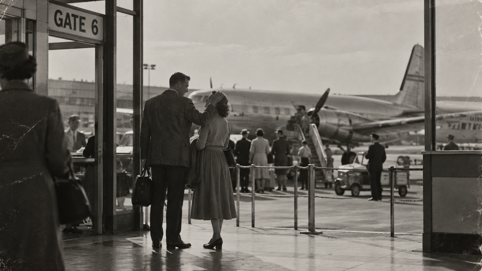 A man and woman stand together at an airport gate as he gently touches her hair, with a large propeller airplane visible on the tarmac behind them.