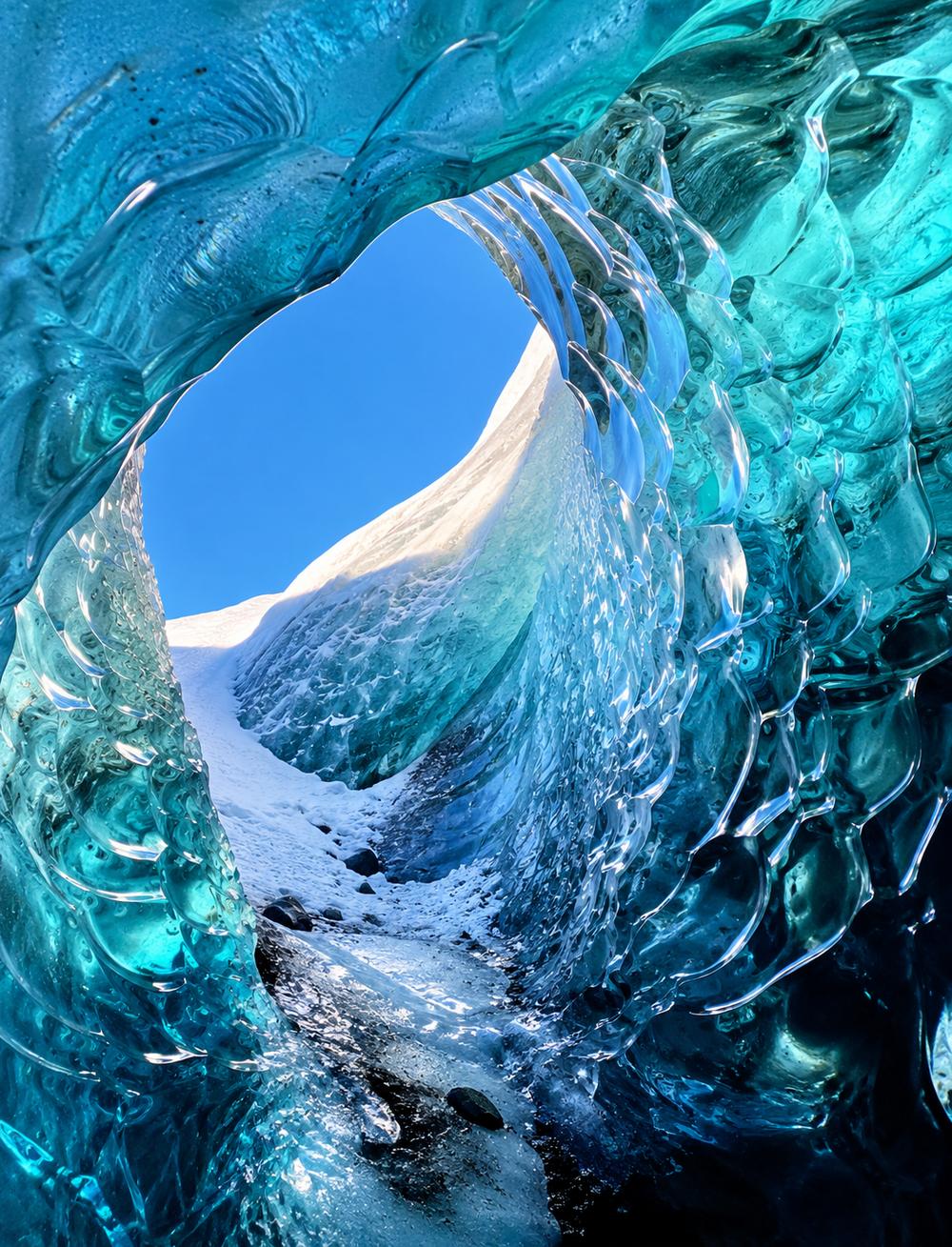 View from inside a bright blue glacier ice cave looking out toward a snowy path and a clear sky.