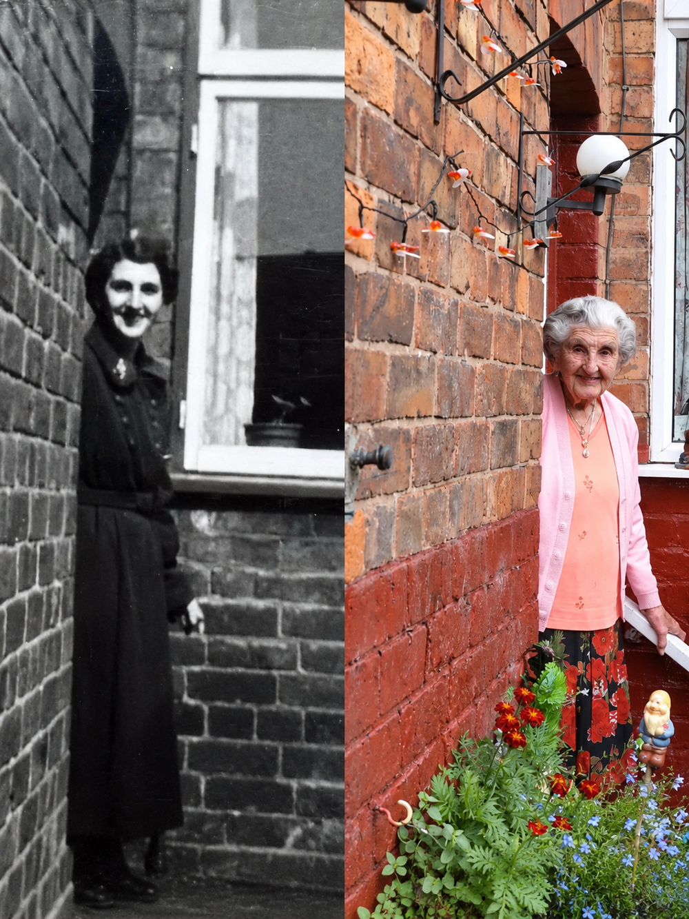 A side-by-side comparison of a woman in the same doorway, shown as a young woman in black and white on the left and as an elderly woman on the right.