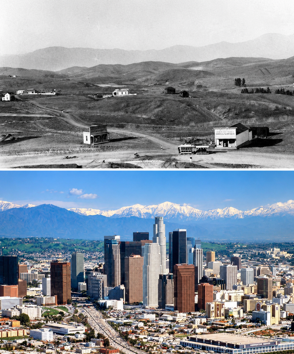 Before and after comparison of Los Angeles showing a sparse landscape in the 1800s versus the dense skyscraper skyline and highway of the modern city, with the same mountain range in the background.