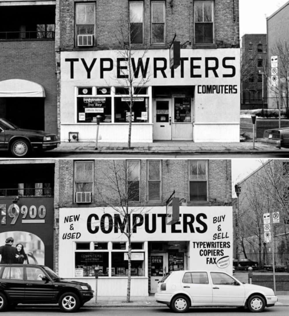 A split image showing the same storefront at different times, with the signage changing from “Typewriters” to “Computers, Buy & Sell Typewriters, Copiers, Fax.”